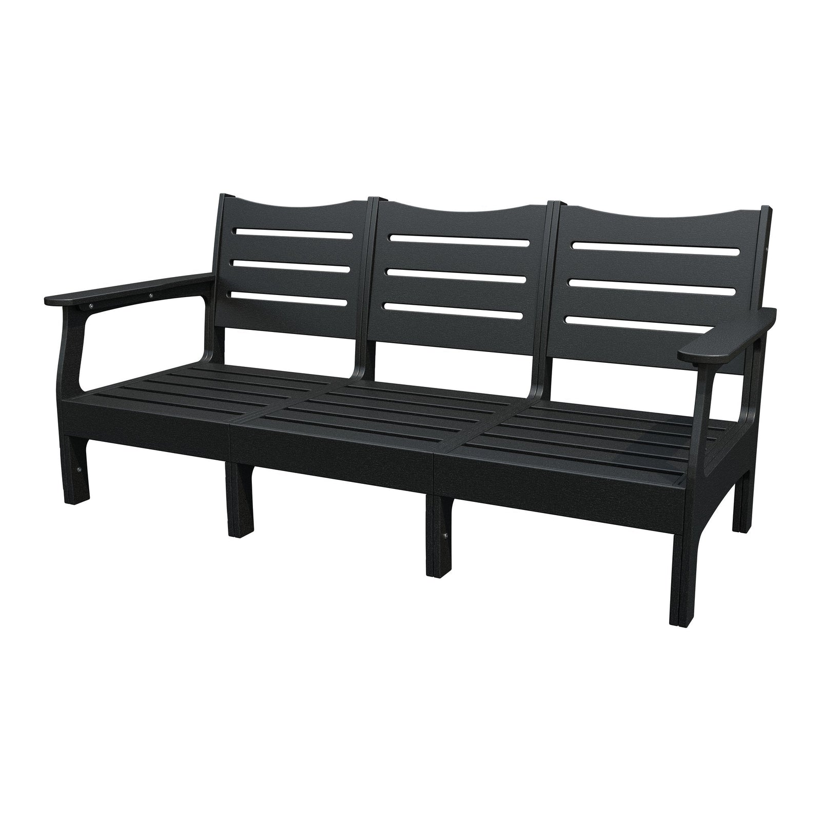 Gray poly three seat patio sofa with blue cushions and two gray geometric lumbar pillows, on a white background