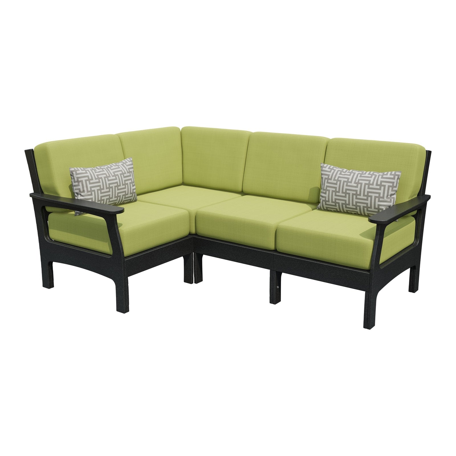 Black poly four piece corner sectional sofa with lime green cushions and two gray geometric pillows