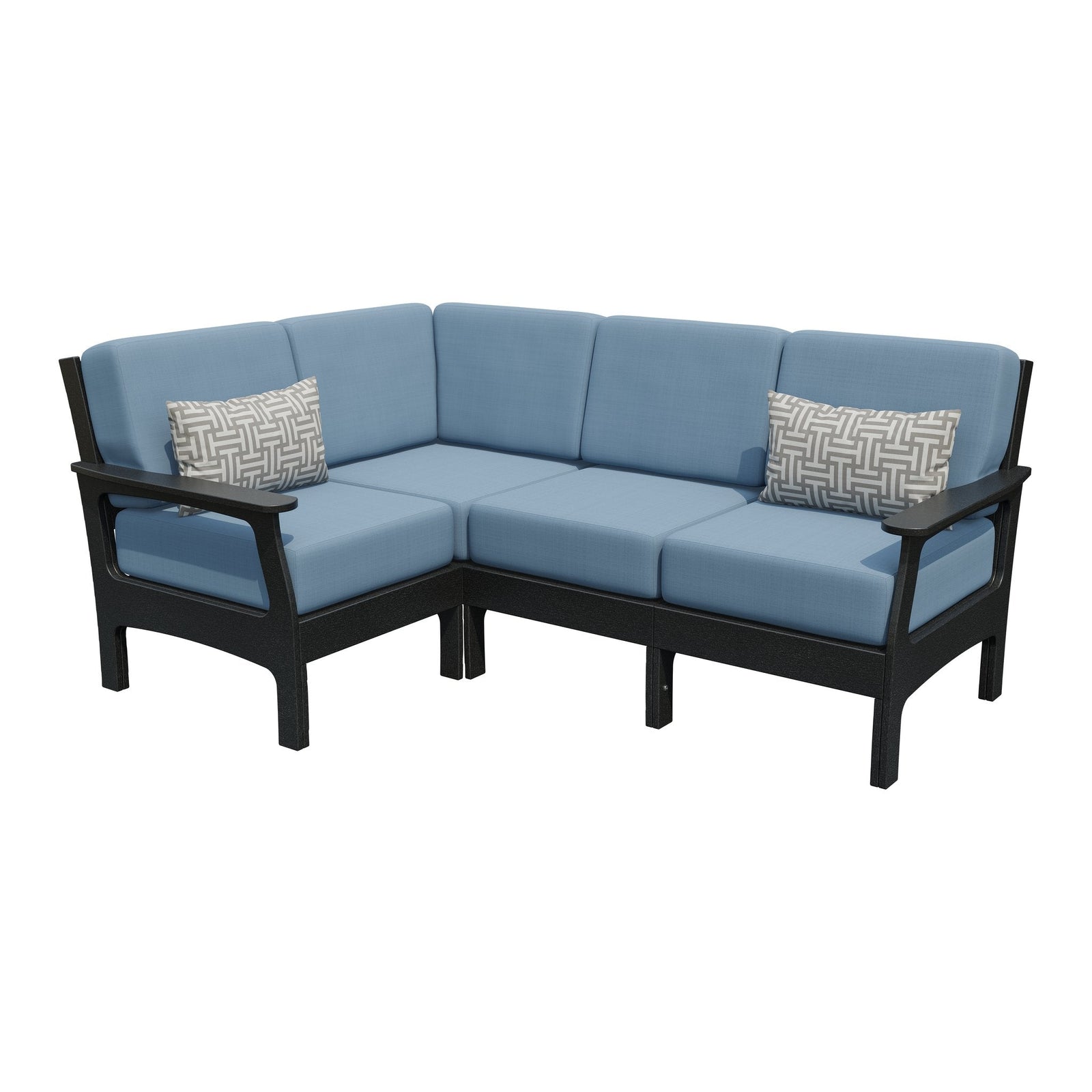 Black poly four piece corner sectional sofa with lime green cushions and two gray geometric pillows