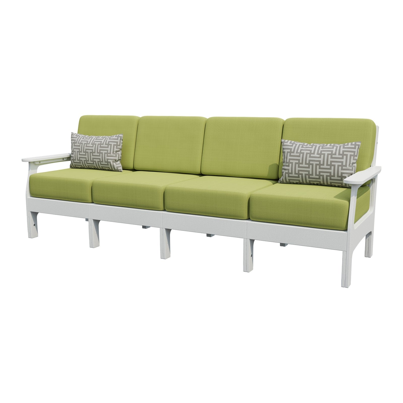 White poly four seat patio sofa with blue cushions and two gray geometric pillows, on a white background