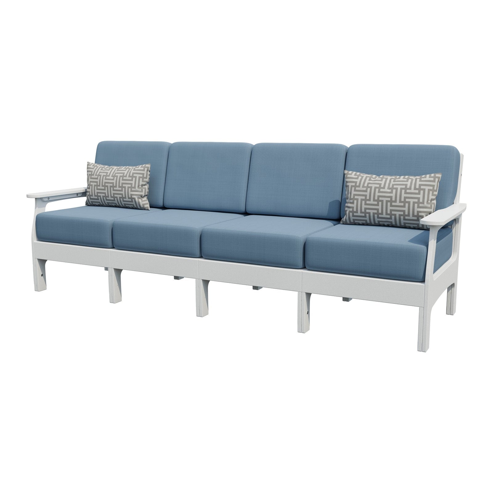 White poly four seat patio sofa with blue cushions and two gray geometric pillows, on a white background