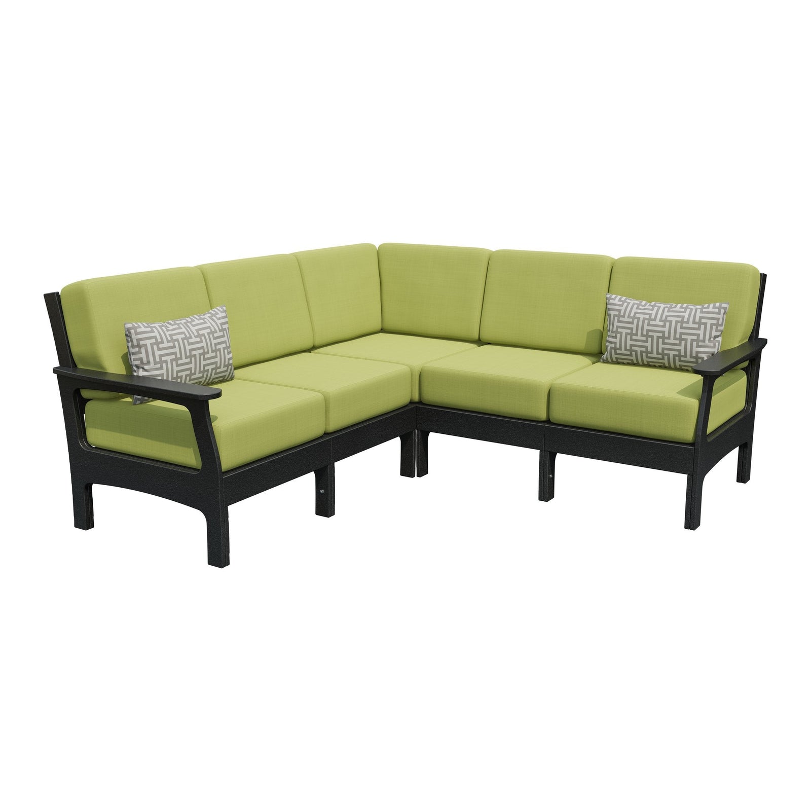 Black poly five piece corner sectional with soft blue cushions and two gray geometric pillows