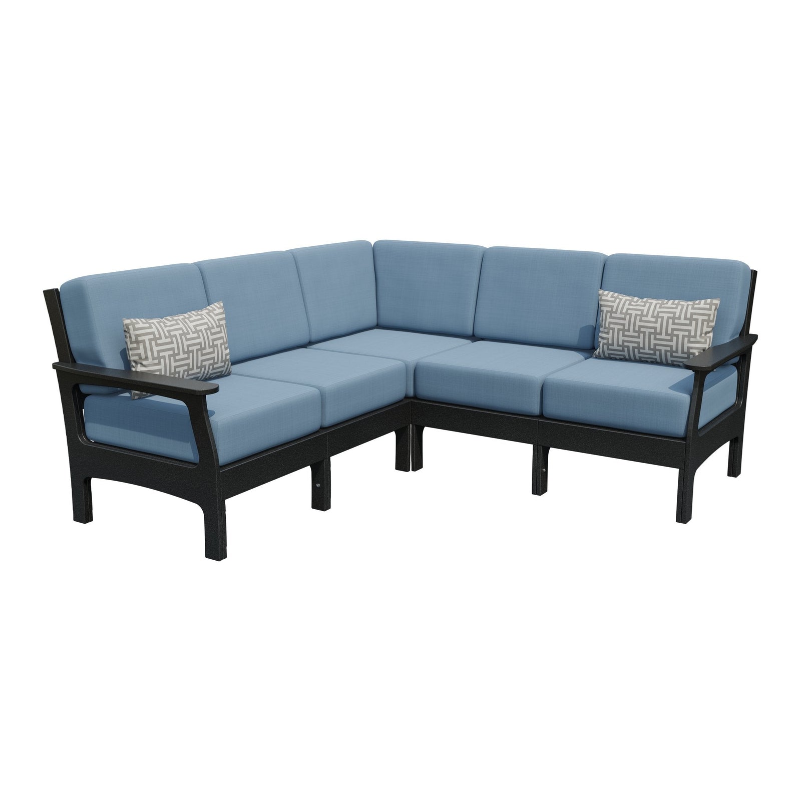 Black poly five piece corner sectional with soft blue cushions and two gray geometric pillows