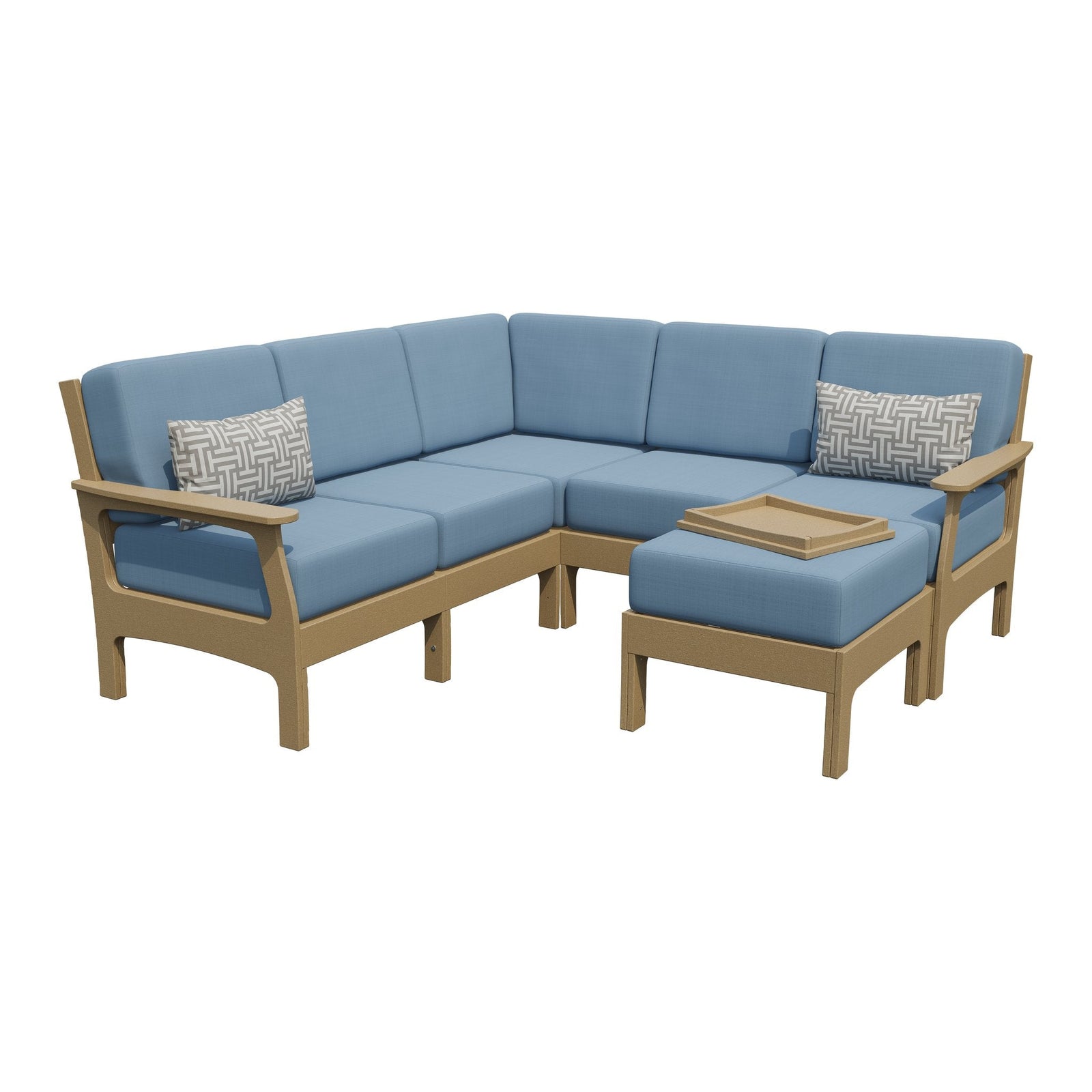 Cedar poly corner sectional with blue cushions plus a matching ottoman holding a wooden hideaway tray