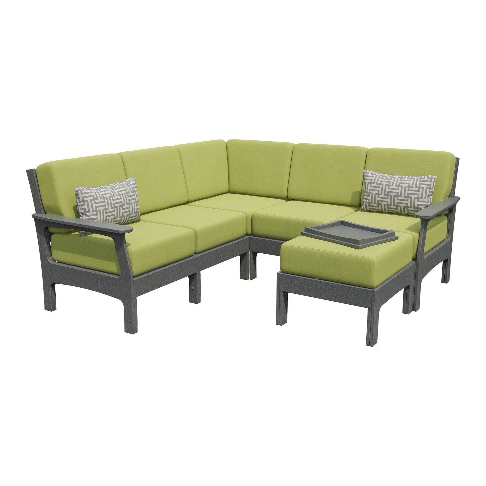 Cedar poly corner sectional with blue cushions plus a matching ottoman holding a wooden hideaway tray