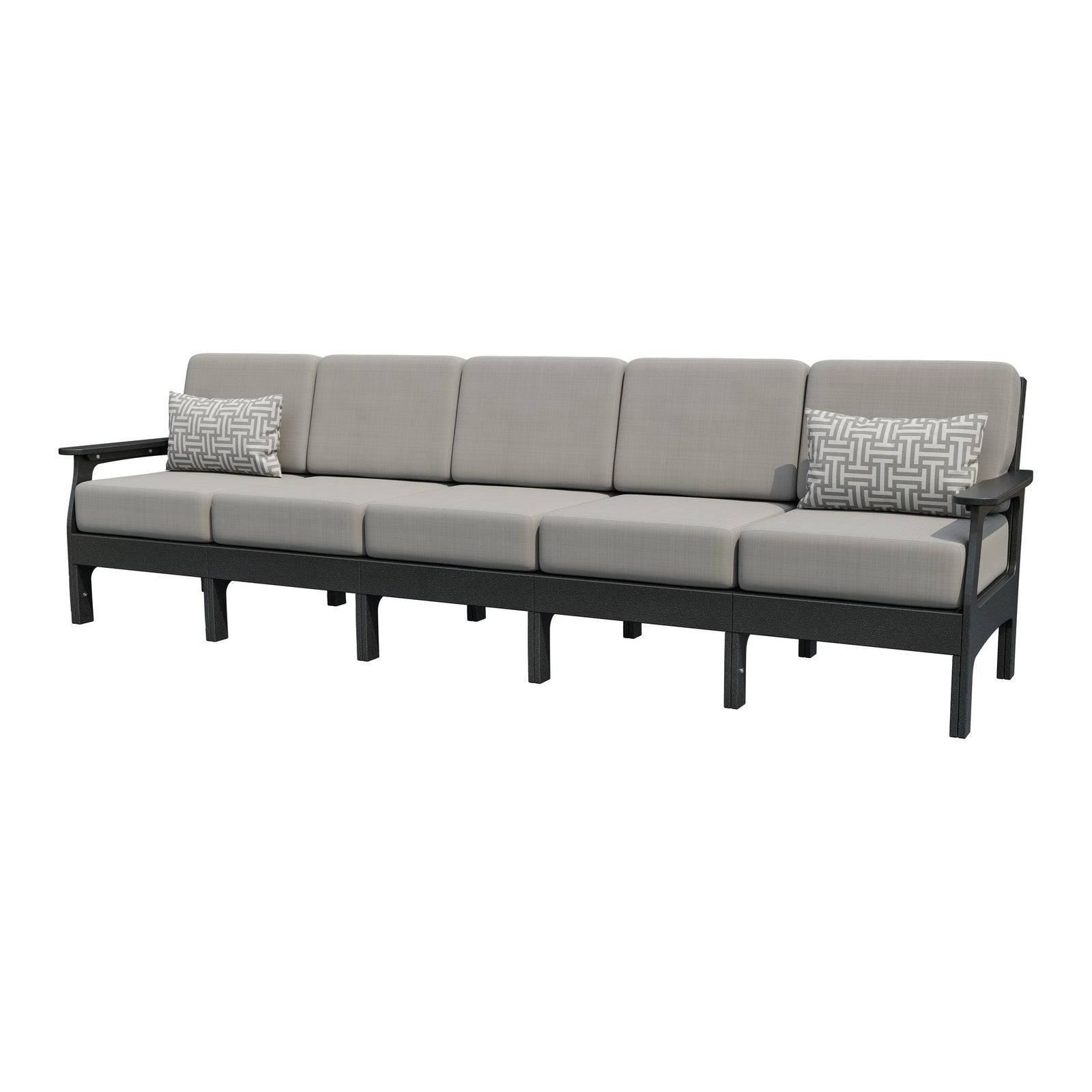 Black poly five seat patio sofa with light gray cushions and two gray basketweave pillows at the arms