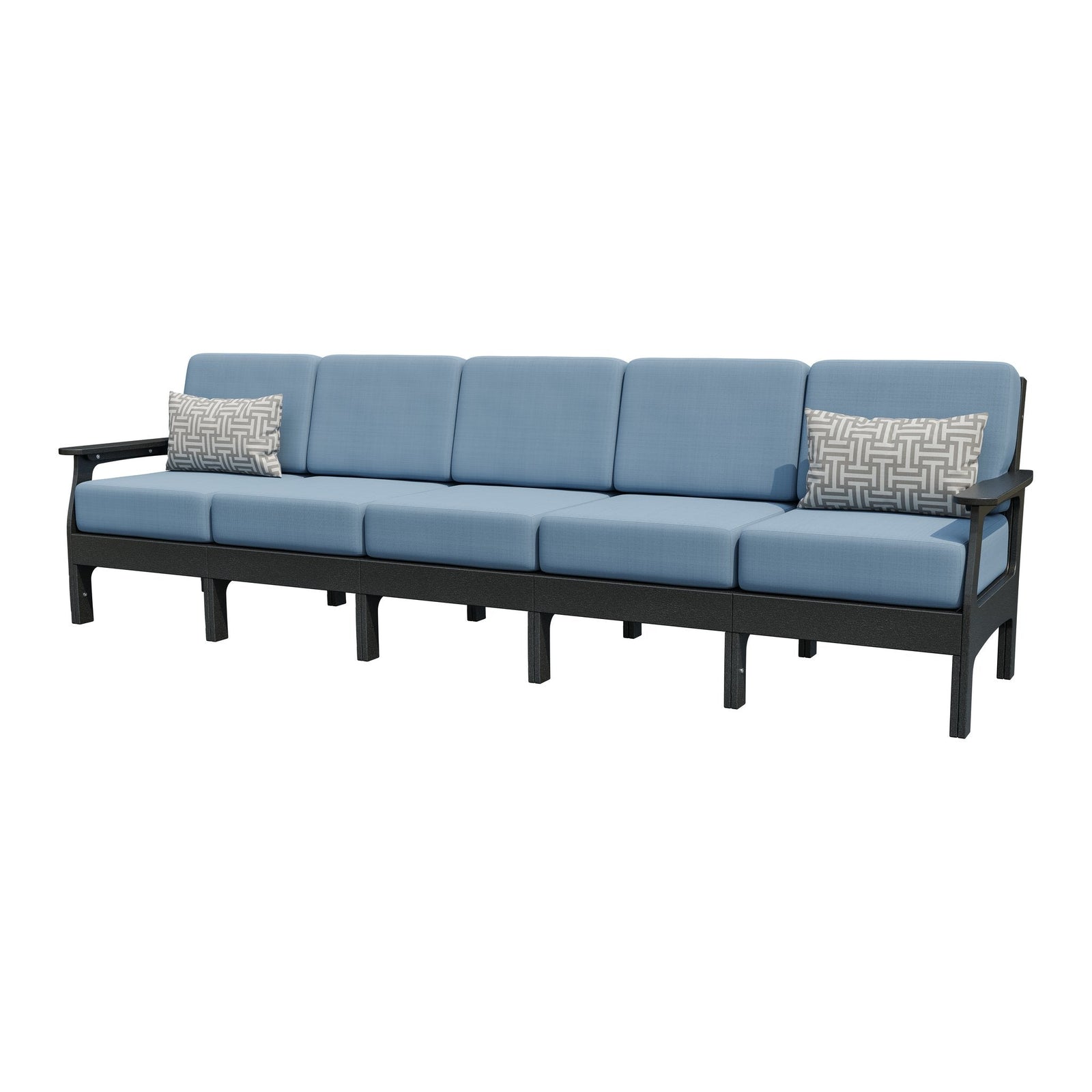 Black poly five seat patio sofa with light gray cushions and two gray basketweave pillows at the arms