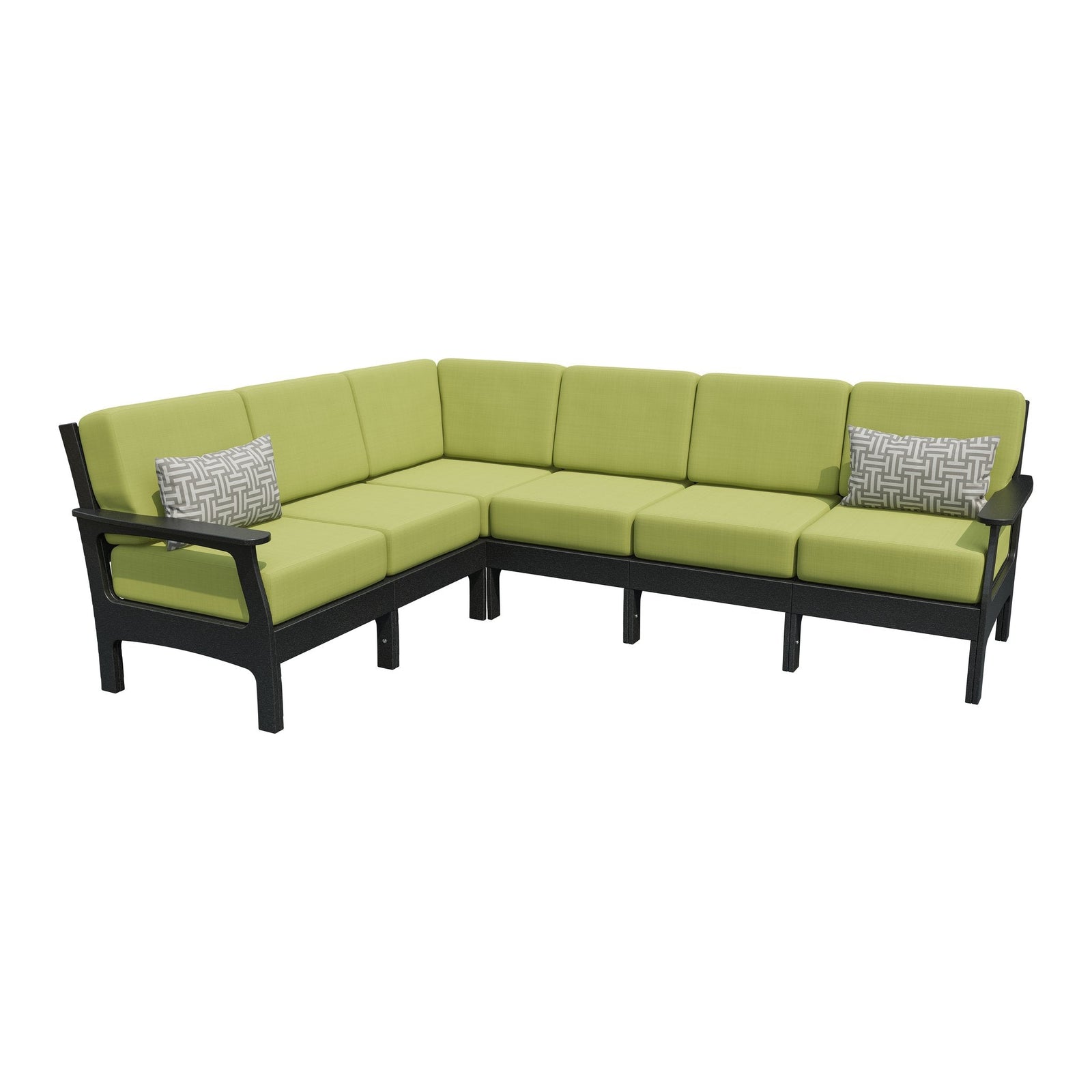 Six seat outdoor corner sectional with a black poly frame, sky blue cushions and gray patterned accent pillows