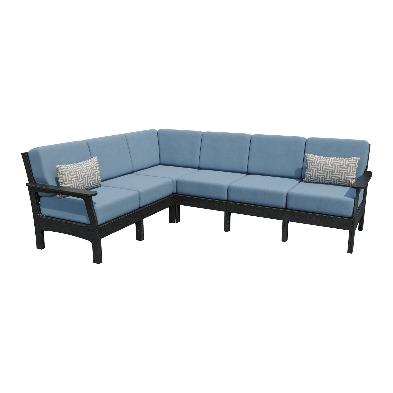 Six seat outdoor corner sectional with a black poly frame, sky blue cushions and gray patterned accent pillows