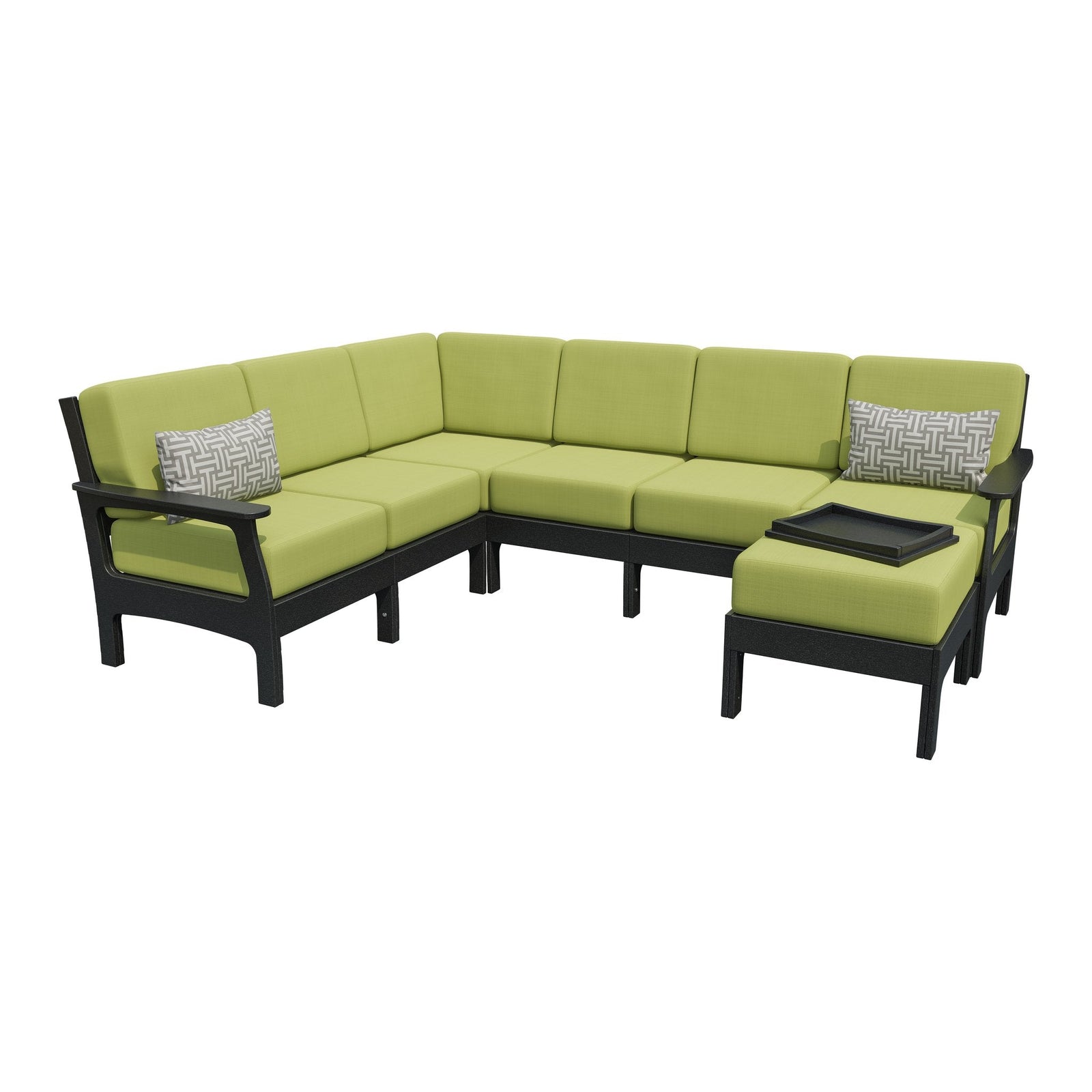 Black frame patio sectional with sky blue cushions, matching ottoman and a black serving tray on top