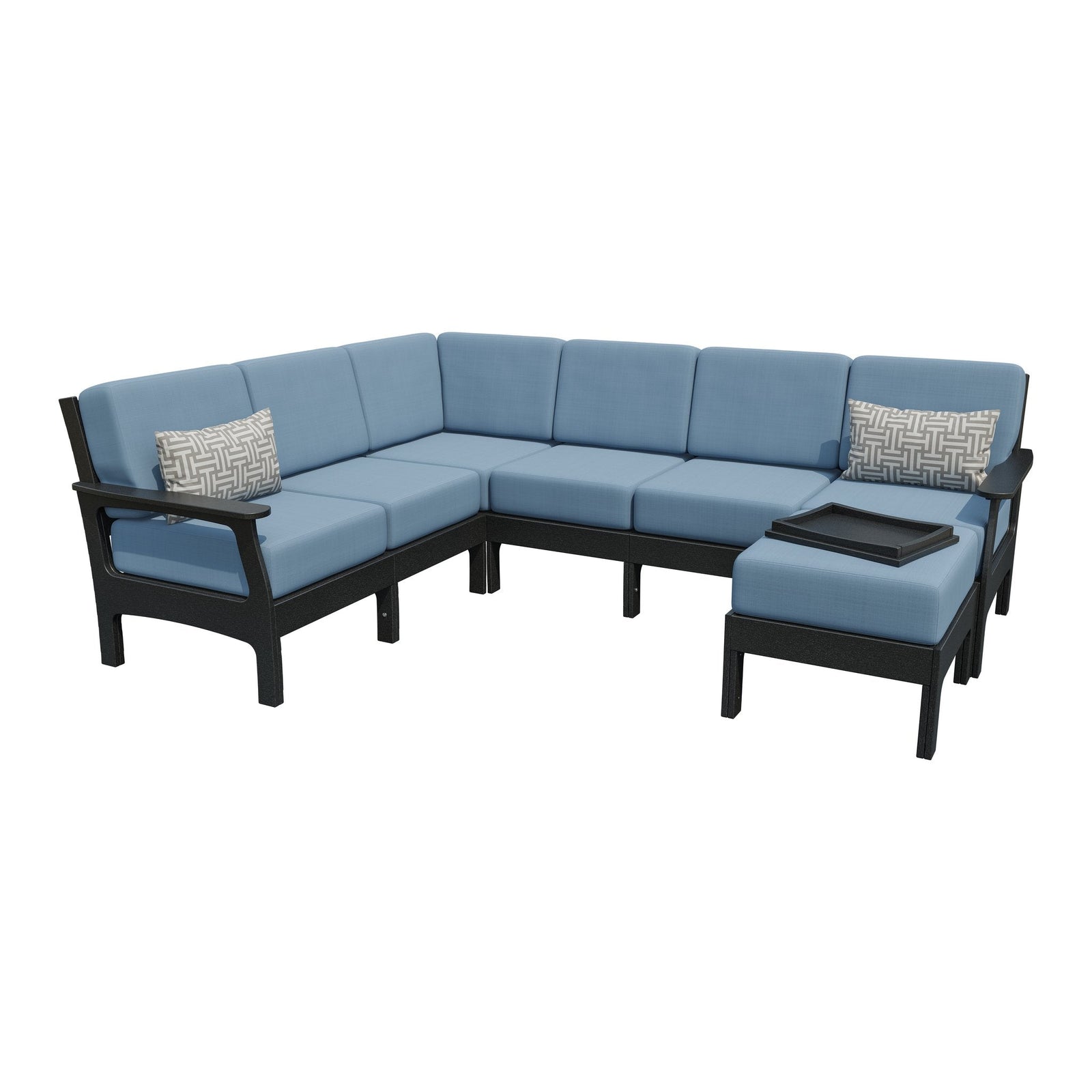 Black frame patio sectional with sky blue cushions, matching ottoman and a black serving tray on top
