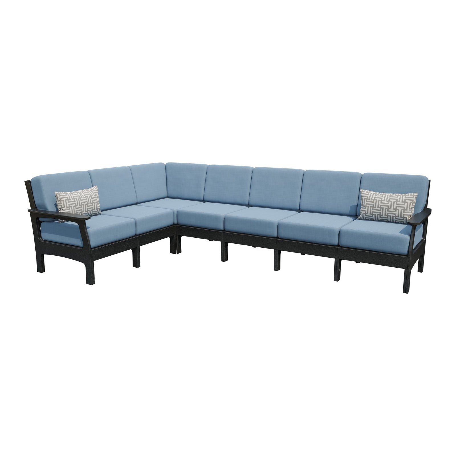 Seven seat black frame corner sectional with blue cushions in a walled backyard patio setting