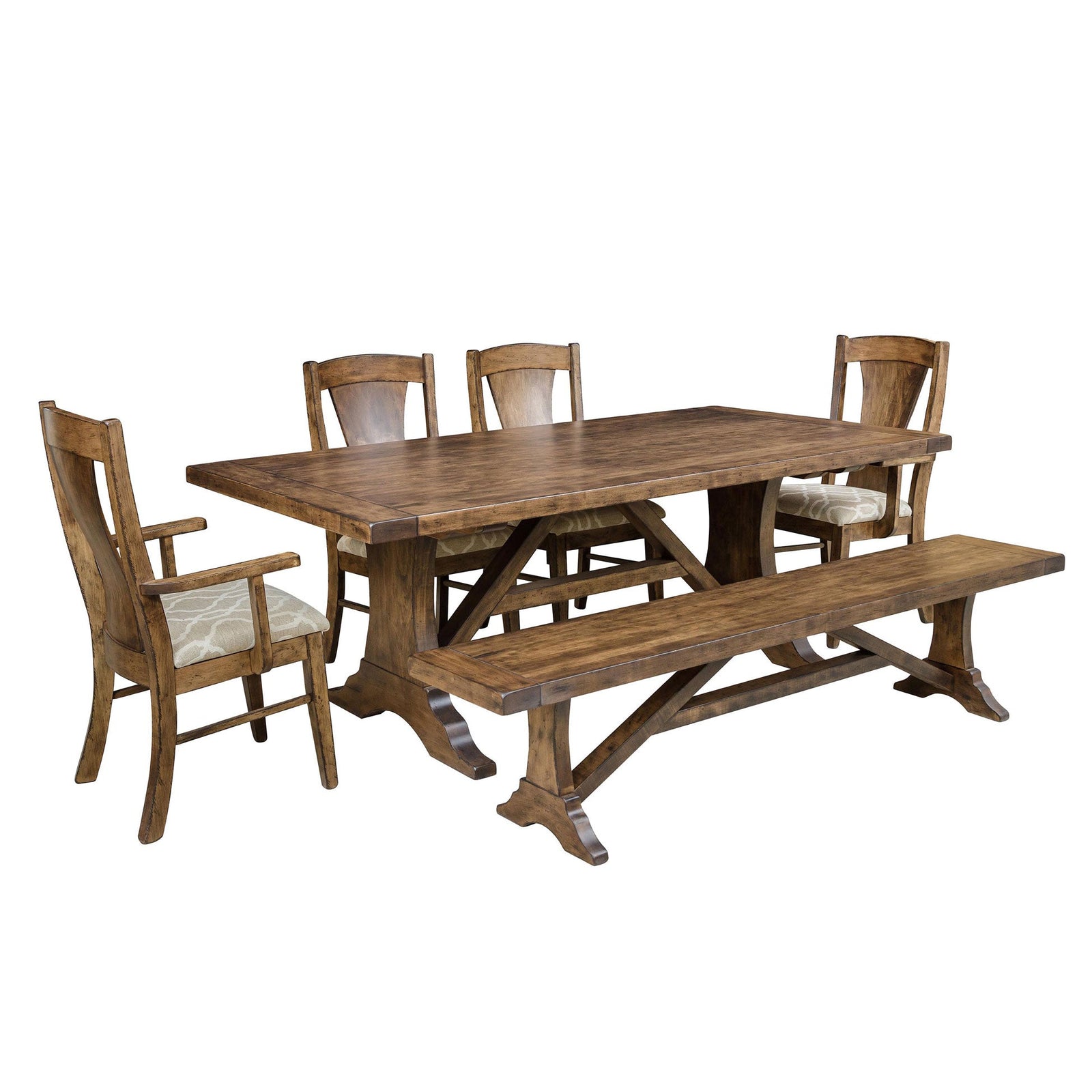 Rustic brown Westin trestle dining set with plank table, upholstered chairs, arm chair and bench in a farmhouse room