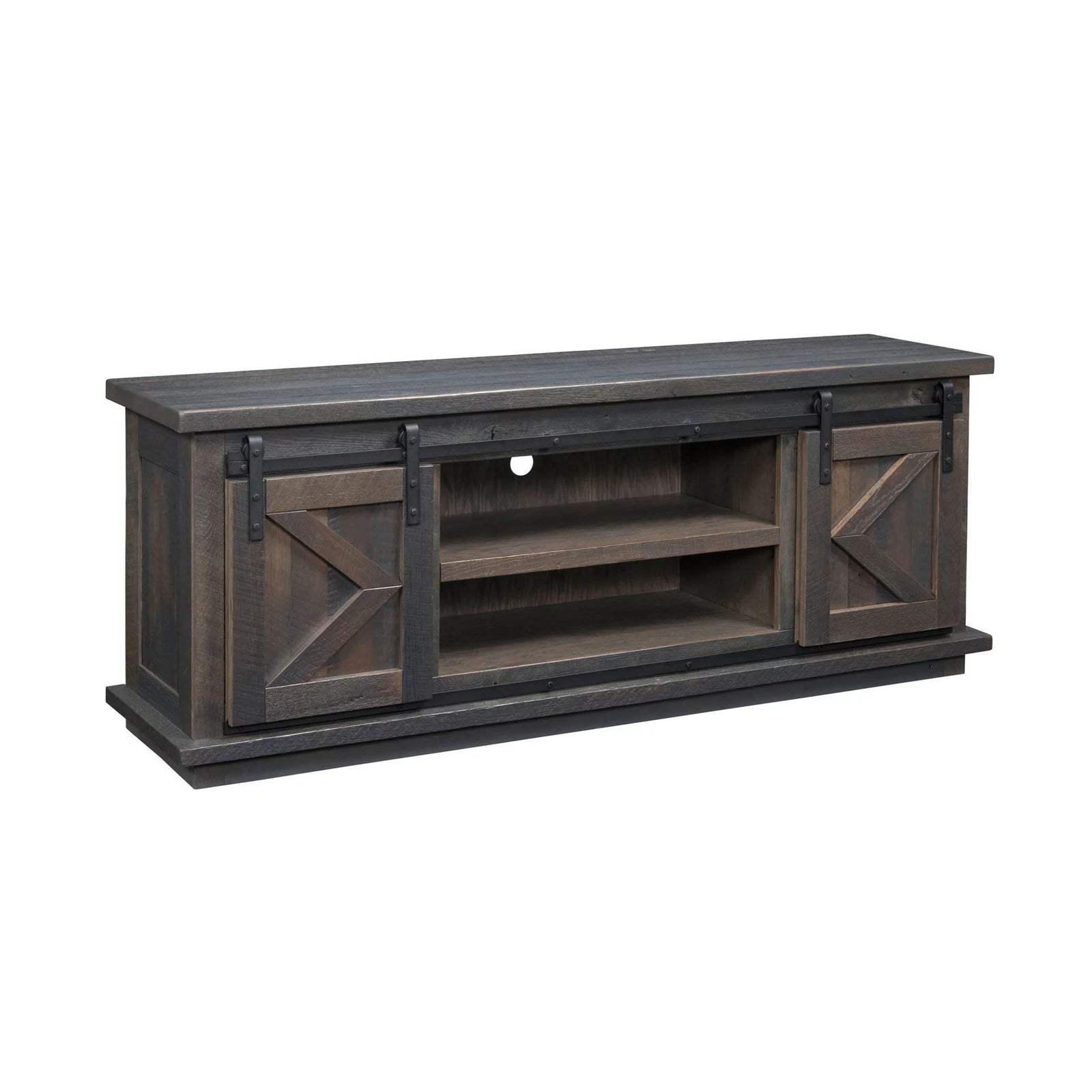 A rustic dark brown wooden TV stand with a weathered finish, featuring two barn-style sliding doors with black metal hardware and an open center shelf.