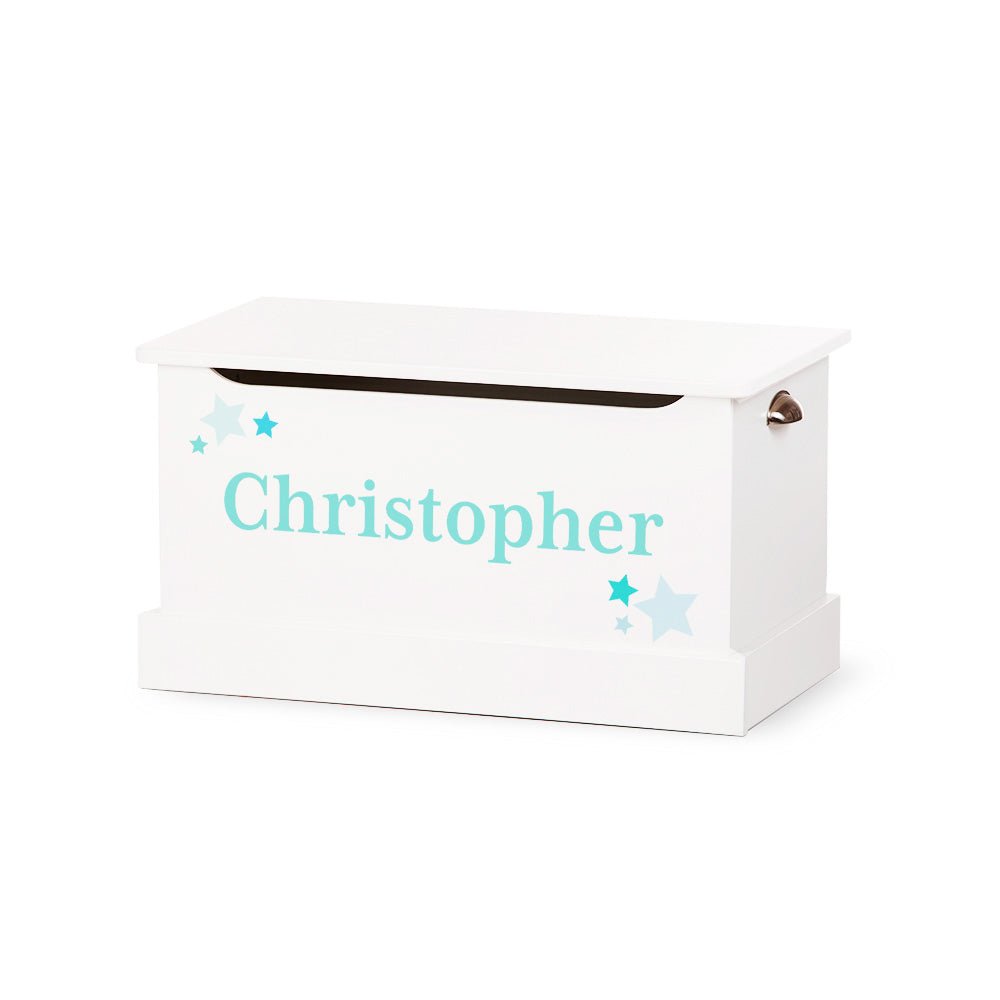 Wooden Amish Medium Toy Box with Custom Name shown in the living room of a transitional home