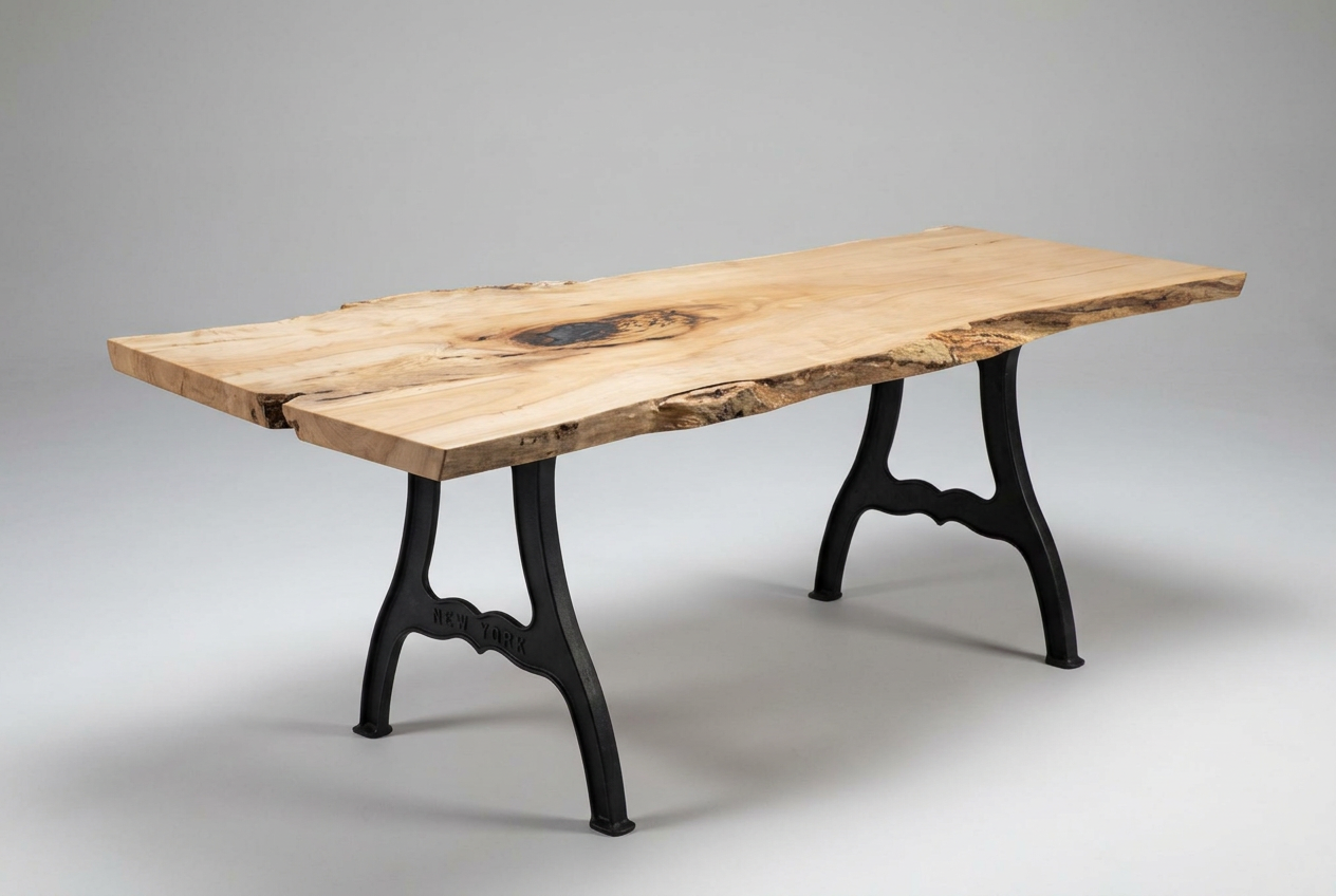 Single maple live edge slab with pale creamy grain, a dark knot inclusion and irregular bark edges