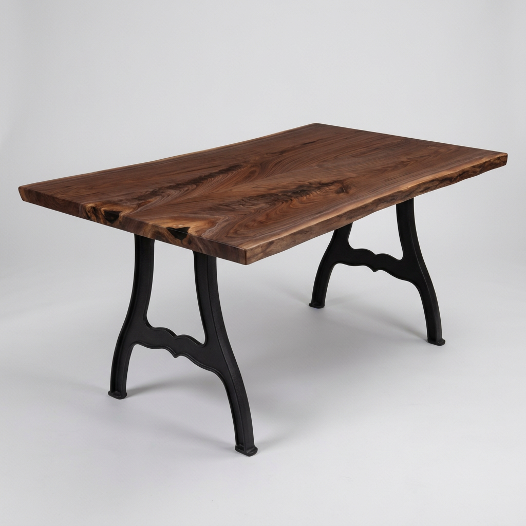 Amish Walnut book-match 42" - 45" wide x 64" long x 2 ⅛" thick Live Edge Slab shown on New York cast iron base (base sold separately)