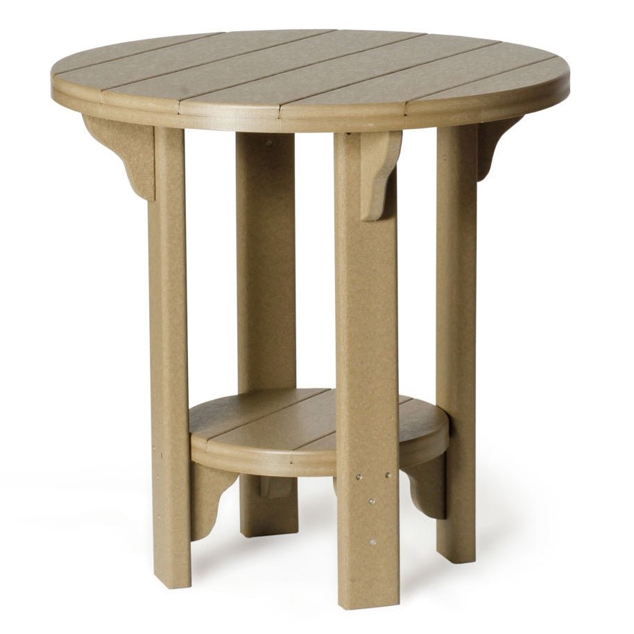 Weathered wood and black poly bistro patio table with a round top and lower shelf between two chairs on a paver patio