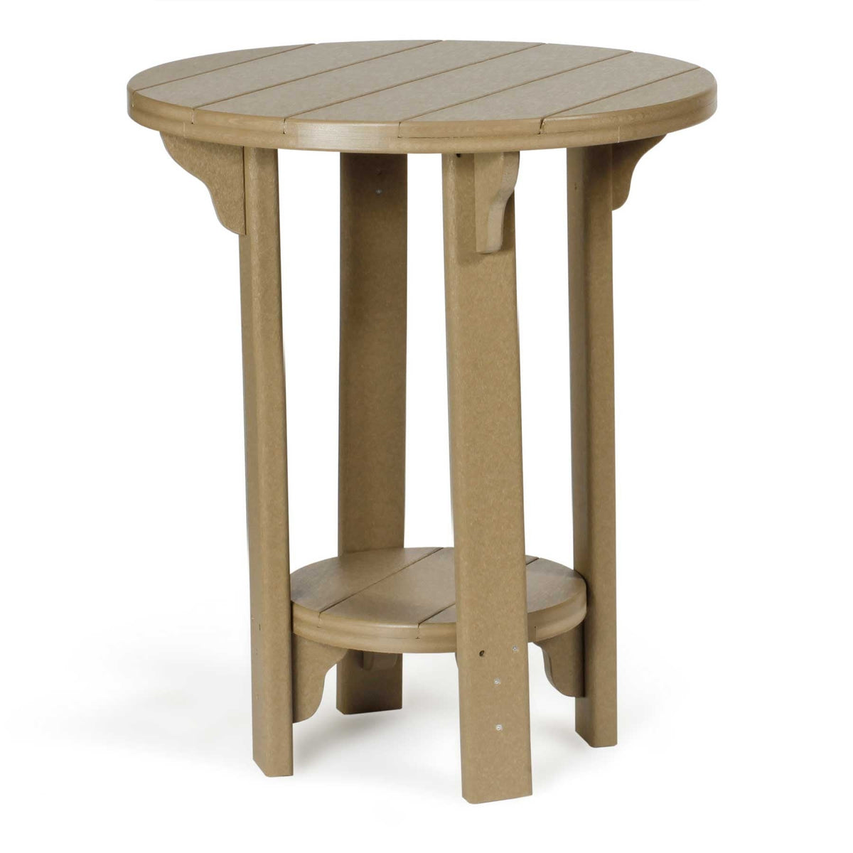 Round poly counter height patio table in tan recycled plastic with a slatted top and lower round shelf