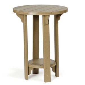 Bar height round poly patio table in beige with an angled view of the slatted top and circular foot shelf