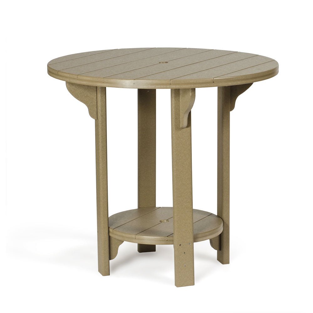 Tall round poly patio bar table in tan with corner brackets and a circular lower footrest shelf