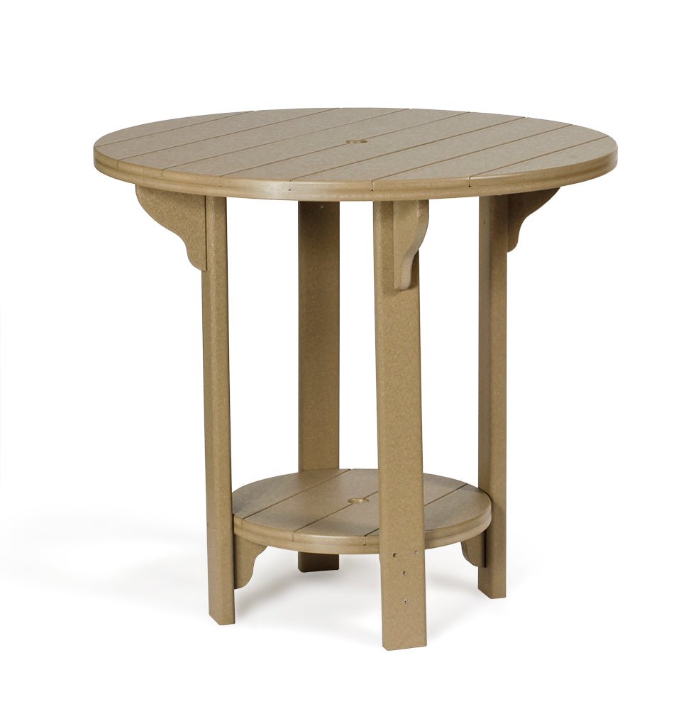 Tan and black poly bar height patio table with matching swivel chairs and wine service on a stone terrace
