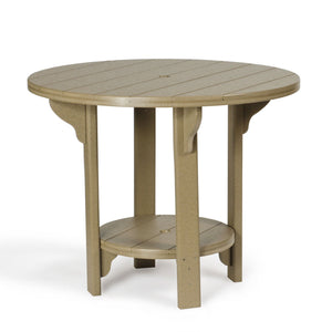 Weatherwood poly dining height patio table with a slatted round top, umbrella hole and lower shelf