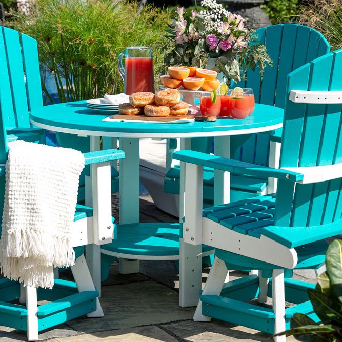 Turquoise and white poly patio dining table with matching Adirondack chairs and brunch spread outdoors