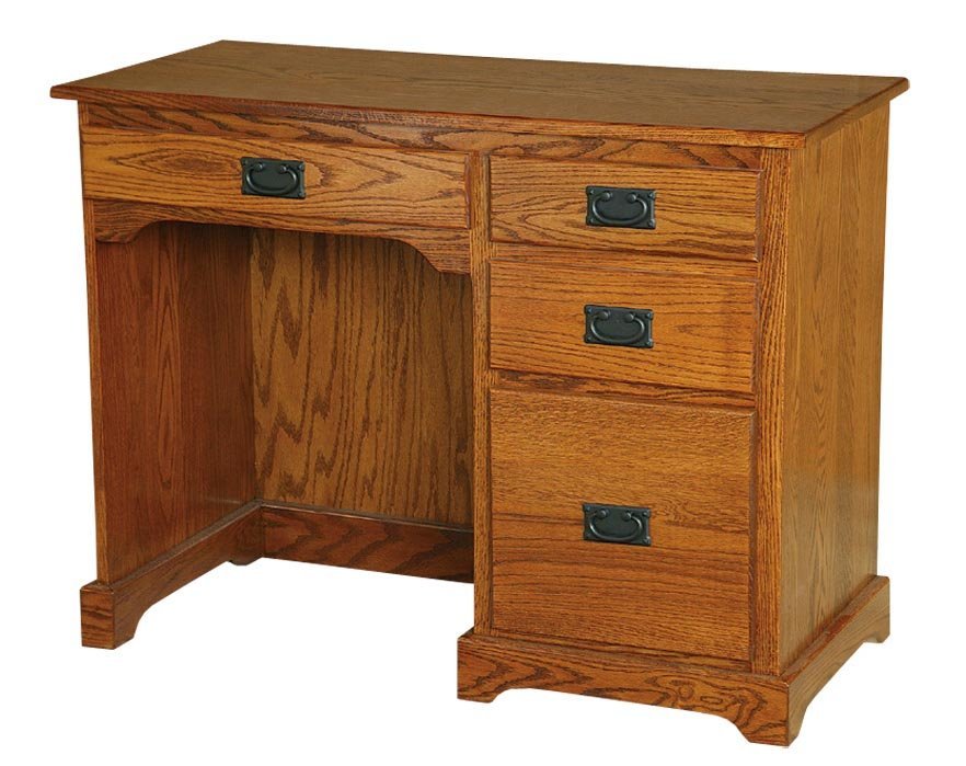 Solid oak 42 inch writing desk with a knee-hole opening, four drawers and dark antique bail pulls