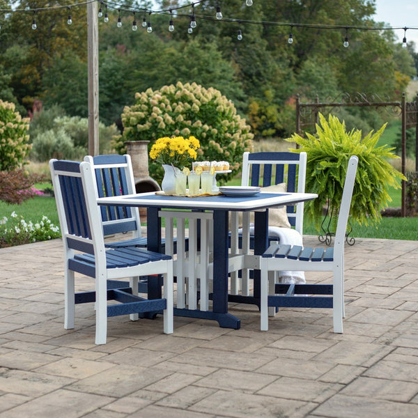 Patriot blue and white poly square patio dining table with four slat back garden chairs and lemonade
