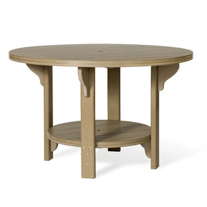 Large round poly patio dining table in tan with corner brackets, umbrella hole and a wide circular shelf