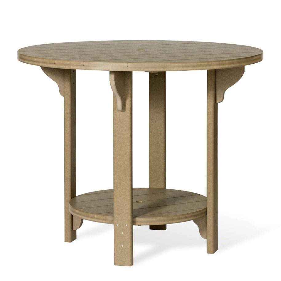 Round tan poly patio table with four square legs, scalloped brackets and a slatted bottom shelf