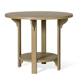 Round tan poly patio table with four square legs, scalloped brackets and a slatted bottom shelf