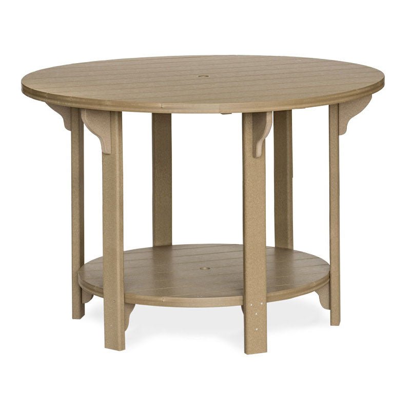 Tall round poly bar table in tan recycled plastic with a slatted top, umbrella hole and lower shelf