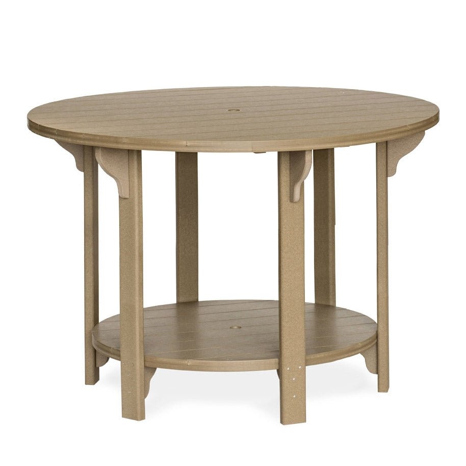Tall round poly bar table in tan recycled plastic with a slatted top, umbrella hole and lower shelf