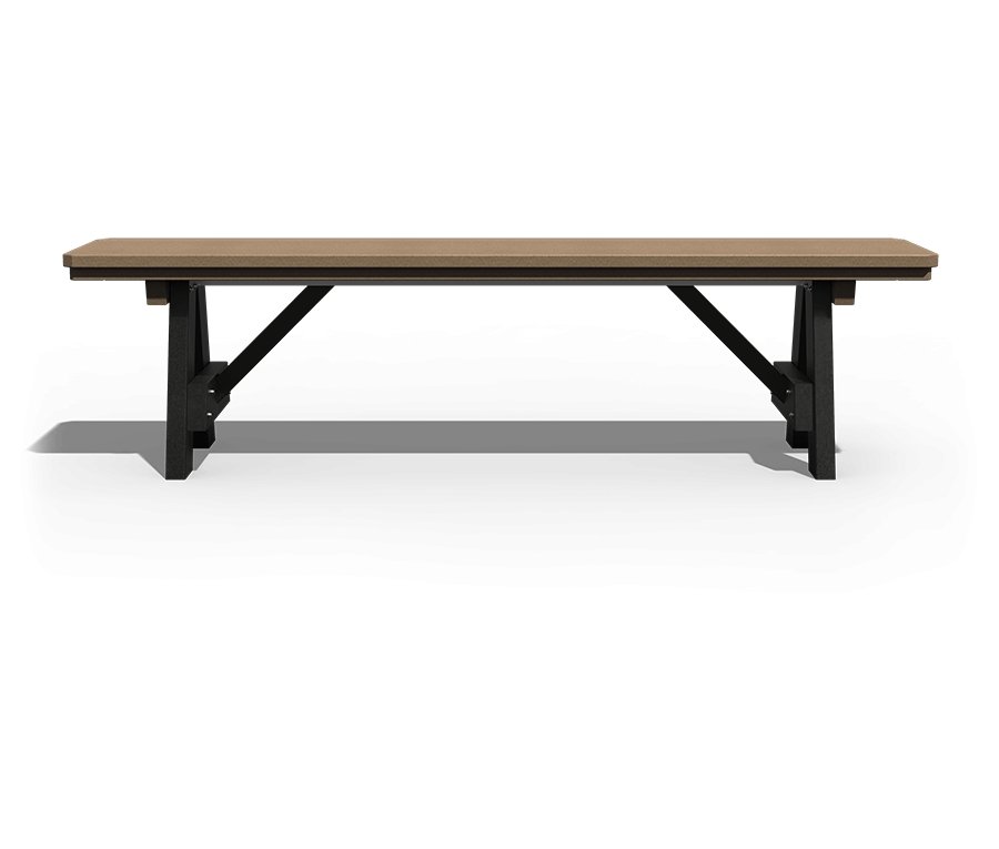 Front view of the long poly patio bench with a brown slat seat and black angled trestle legs on white