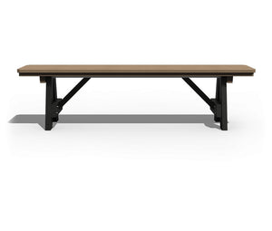 Front view of the long poly patio bench with a brown slat seat and black angled trestle legs on white