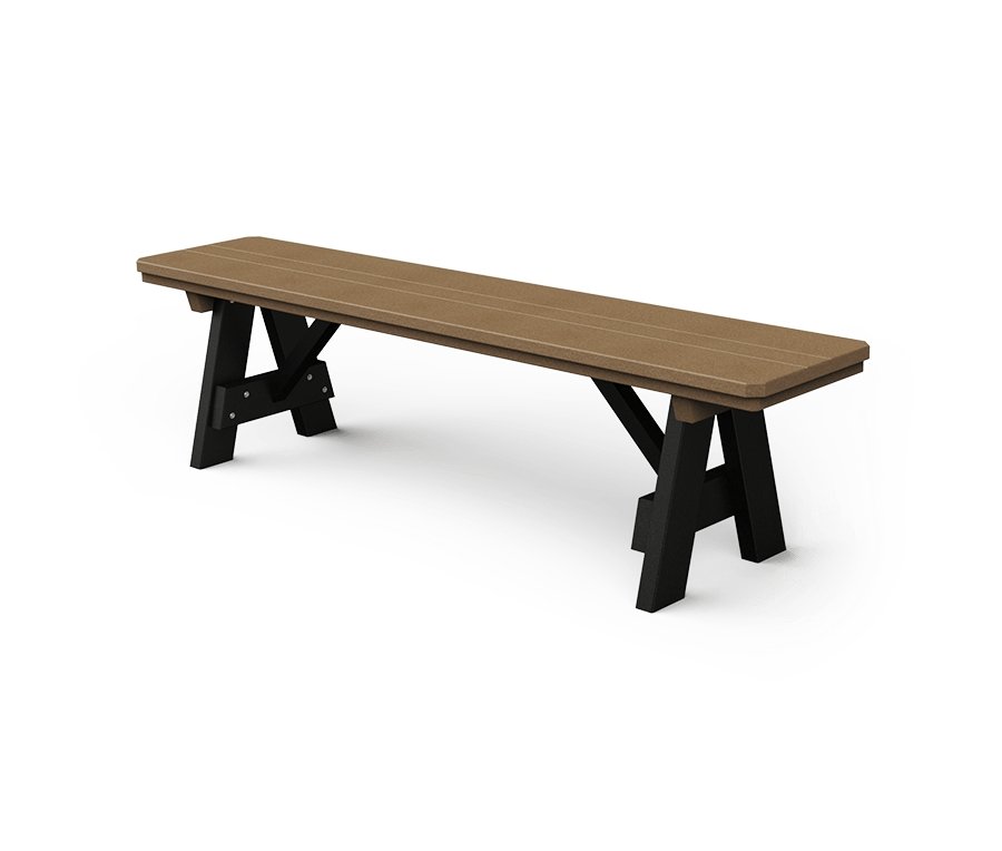 Poly outdoor dining bench with weathered brown seat planks on a black A-frame trestle base
