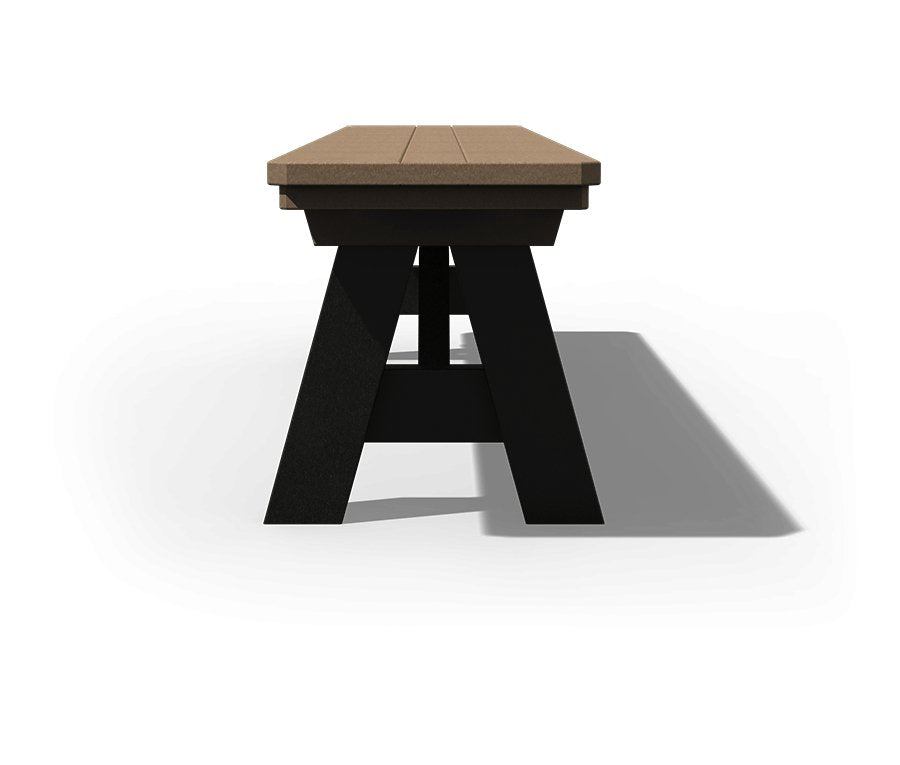 End view of the 66 inch poly dining bench showing the black A-frame legs and thick brown seat top