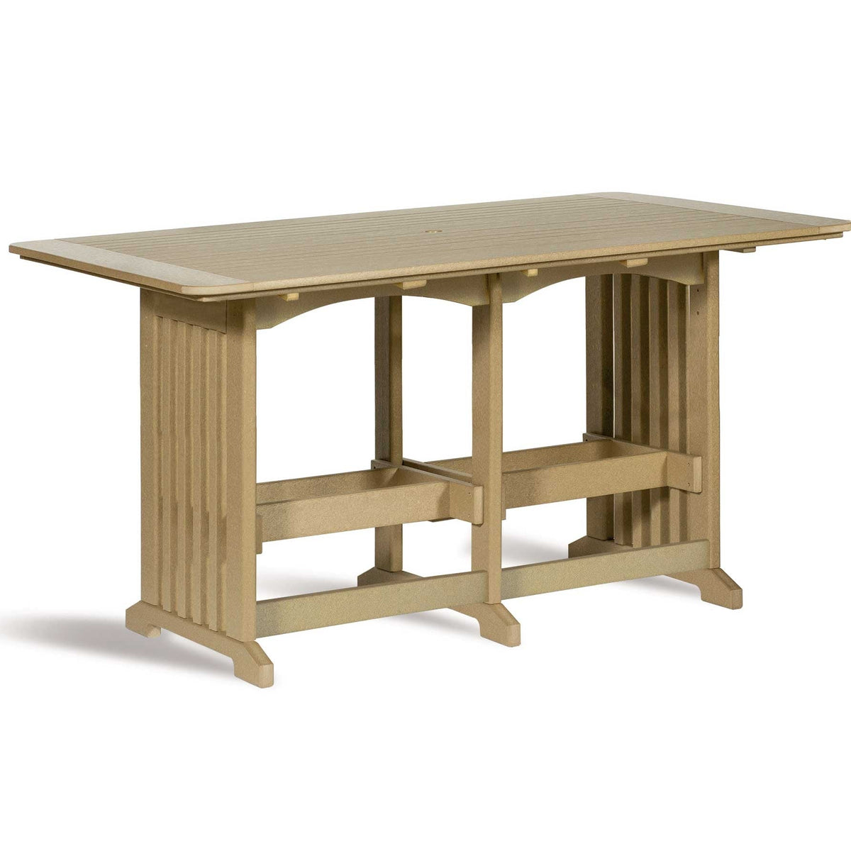 Tan poly 72 inch rectangular counter height patio table with slatted mission legs and stretcher rails on white