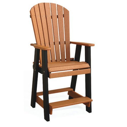 Cedar and black poly Adirondack bar chair with fanned back, flat arms and built in footrest, shown on white