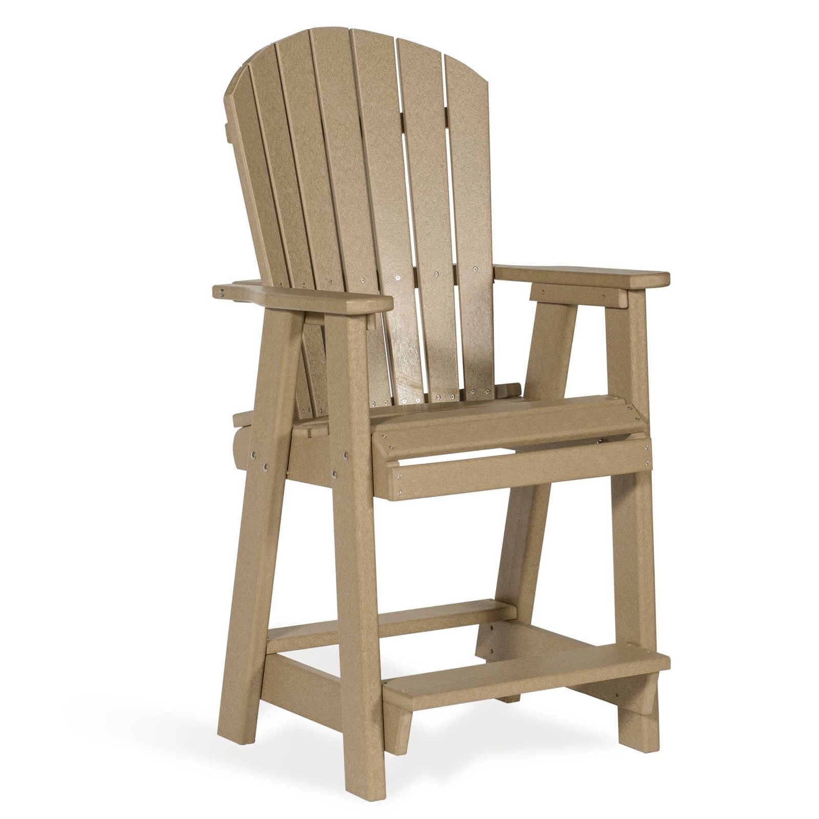 Gray and white poly balcony height Adirondack bar chairs with fan backs pulled up to a table on a lakeside dock
