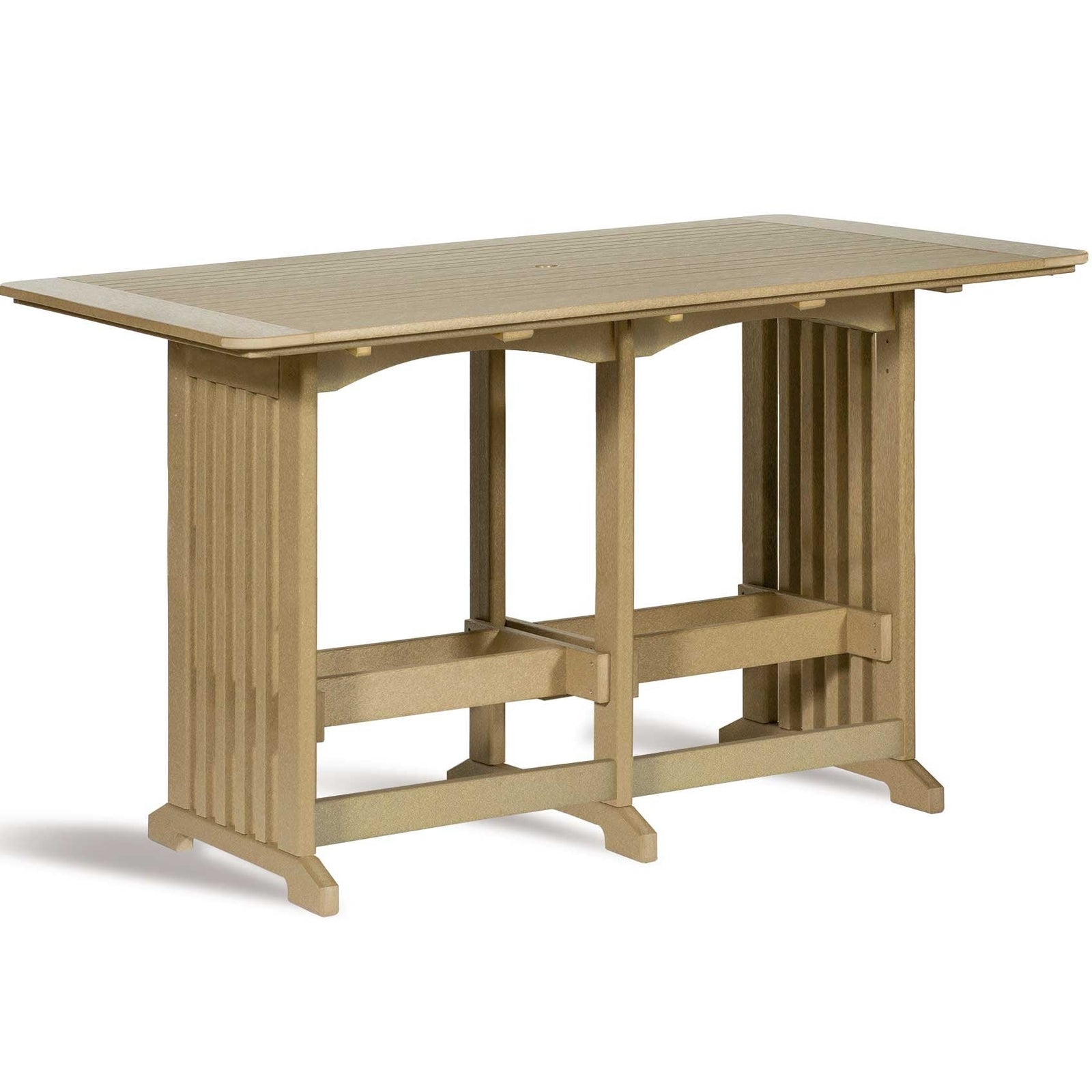 Six gray and white poly bar chairs around a square balcony table with brunch spread on a dock