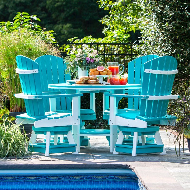 Turquoise and white poly patio dining set with four swivel bistro chairs and brunch beside a pool