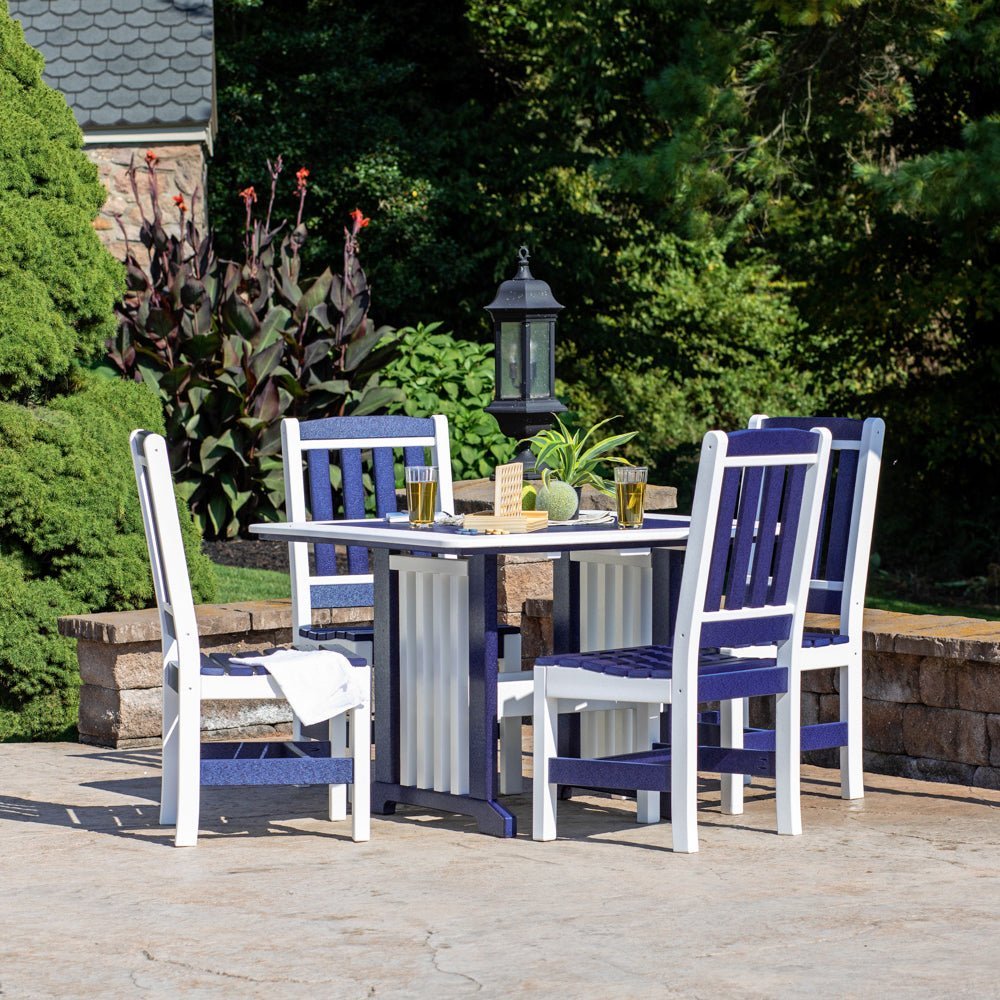 Patriot blue and white poly square patio dining table with four slat back garden chairs and lemonade