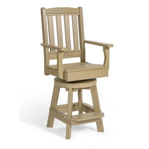 Tan poly swivel bar height chair with slat back, curved arms, round swivel base and footrest on a white background