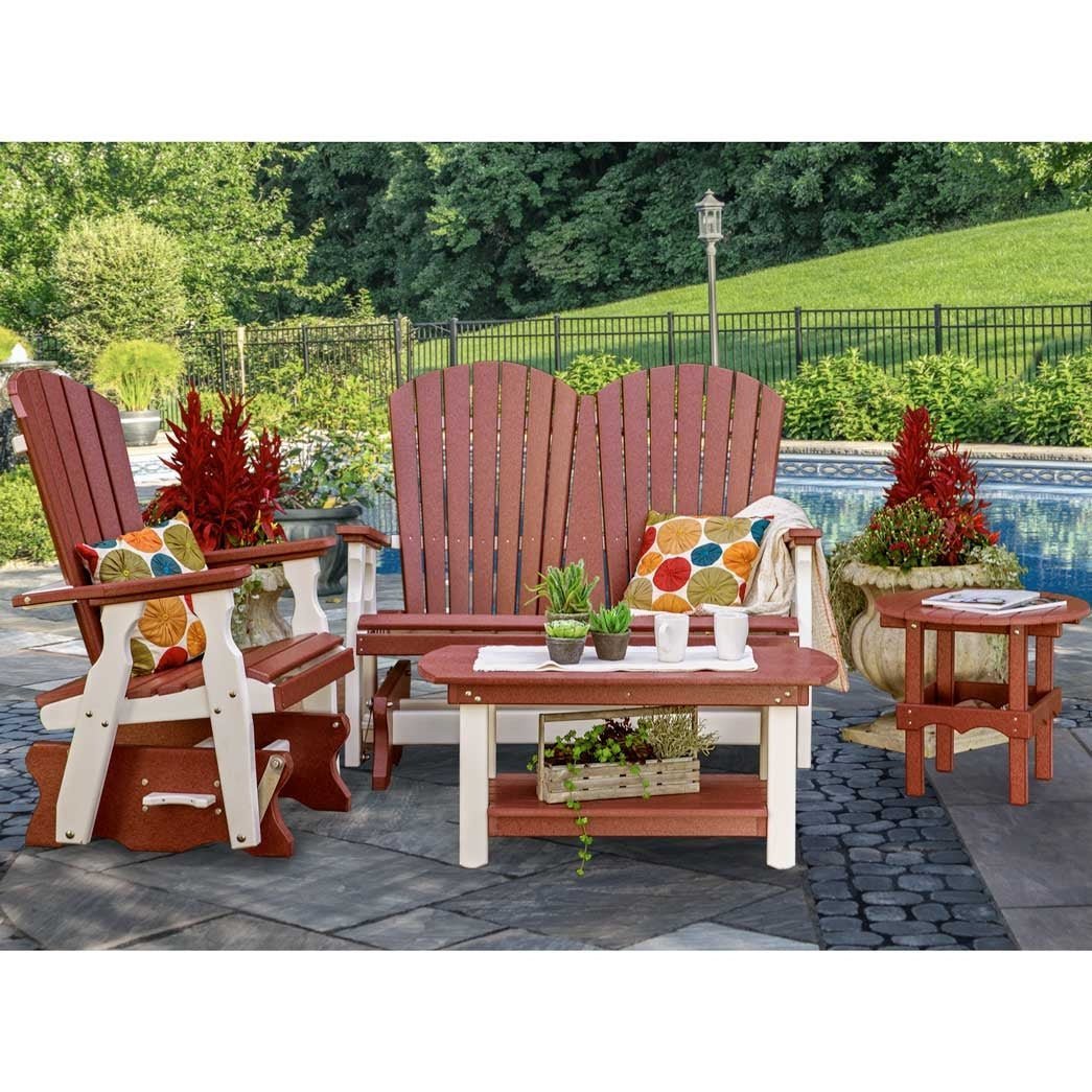 Cherrywood and white poly patio settee for two with a matching glider chair, coffee table and end table