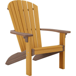 Teak Adirondack chair with chocolate brown arms and trim, curved fan back and sloped poly seat