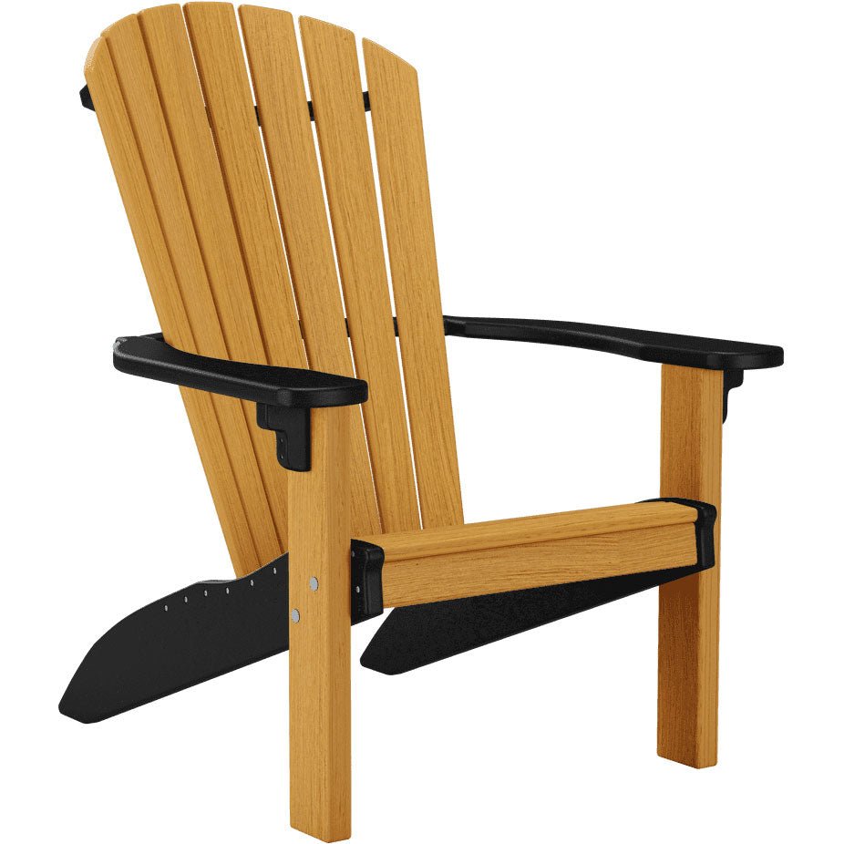 Teak colored poly Adirondack chair with black arms and trim, curved back slats and a deep seat