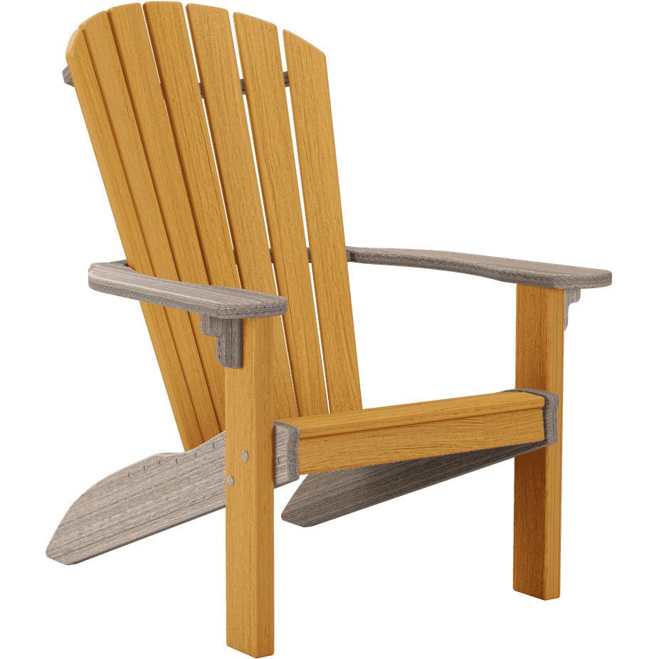 Teak poly Adirondack chair trimmed in driftwood gray, with contoured seat and wide flat arms